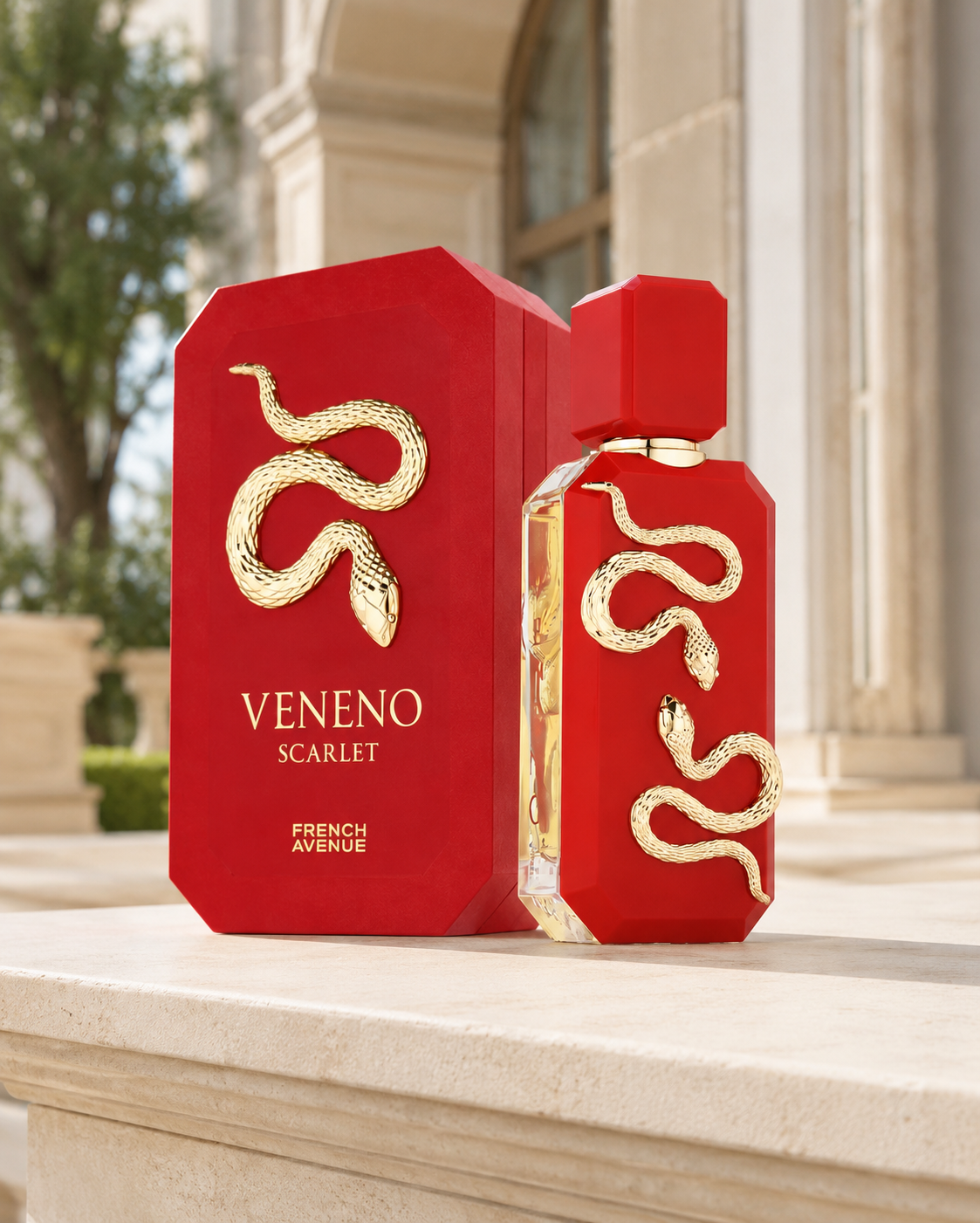 Flacone e confezione del profumo French Avenue Veneno Scarlet Eau de Parfum 100ml unisex