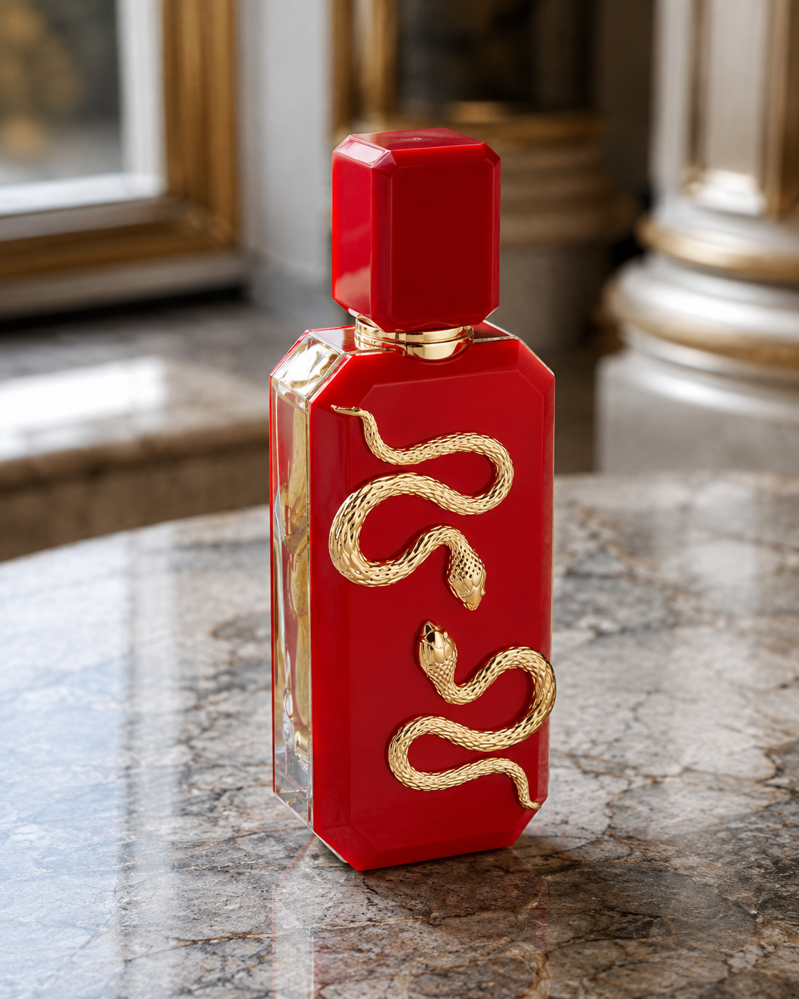 Flacone del profumo French Avenue Veneno Scarlet Eau de Parfum 100ml unisex in un’ambientazione elegante