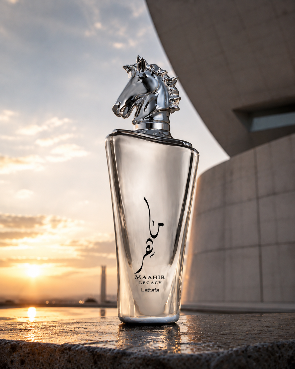 Flacone del profumo Lattafa Maahir Legacy Eau de Parfum 100ml da uomo in un’ambientazione elegante