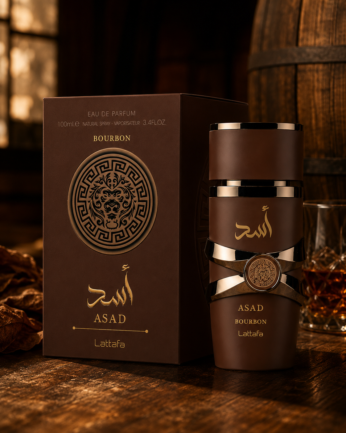 Flacone e confezione del profumo Lattafa Asad Bourbon Eau de Parfum 100ml