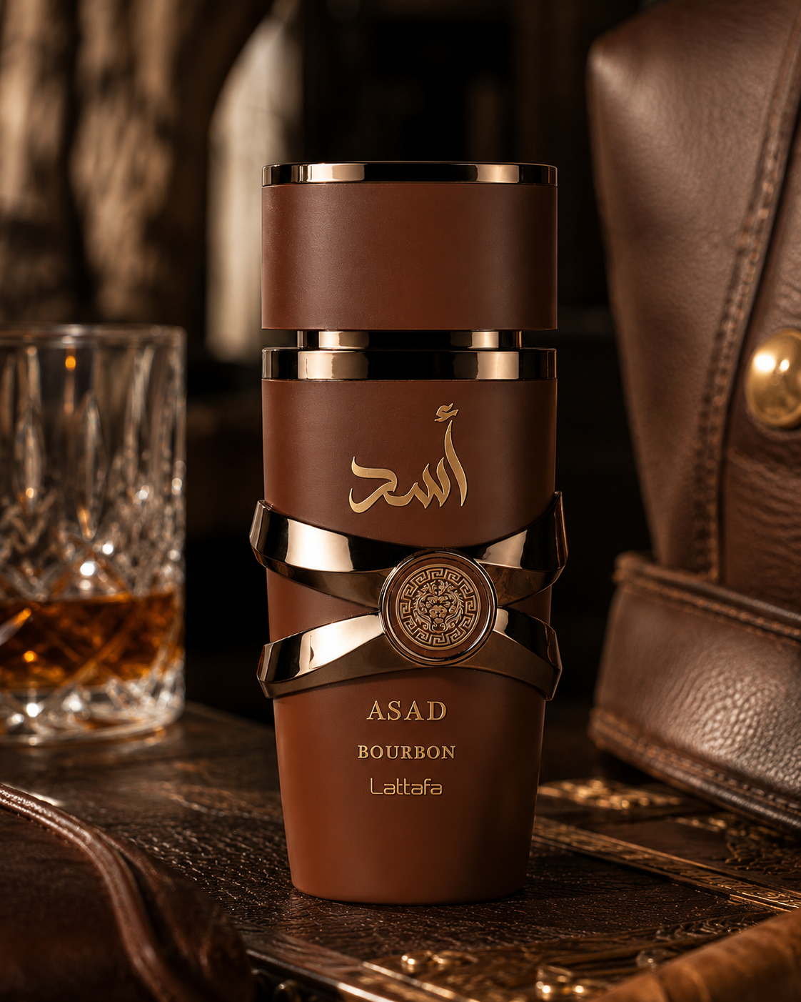 Flacone del profumo Lattafa Asad Bourbon Eau de Parfum 100ml in un’ambientazione elegante
