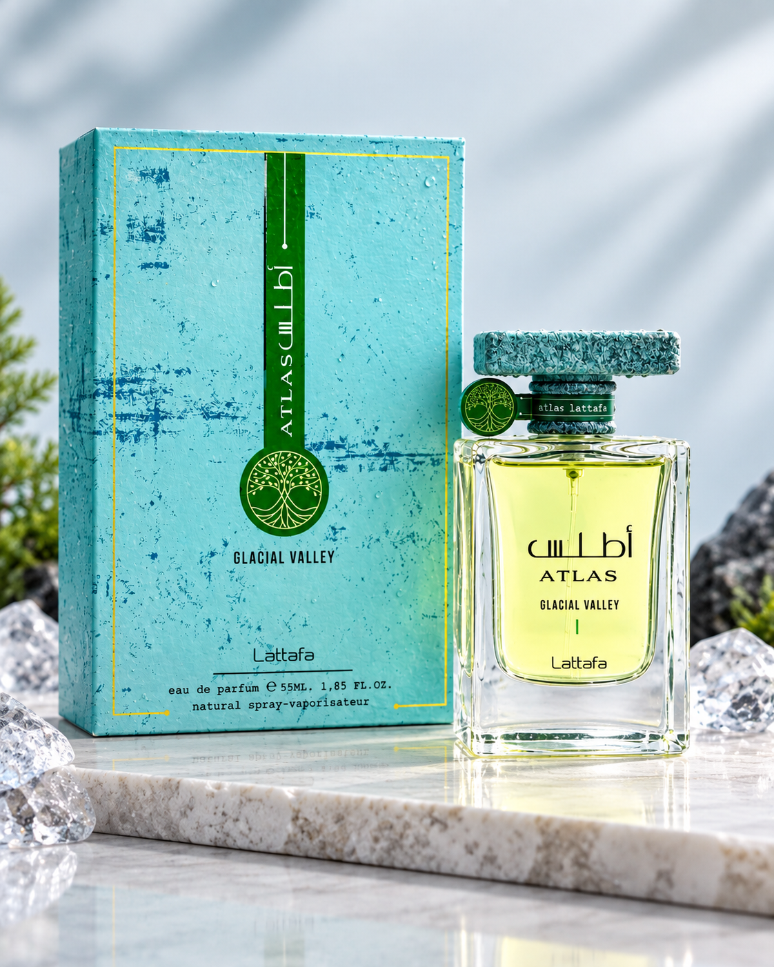 Flacone e confezione del profumo Lattafa Atlas Glacial Valley Eau de Parfum 55ml unisex