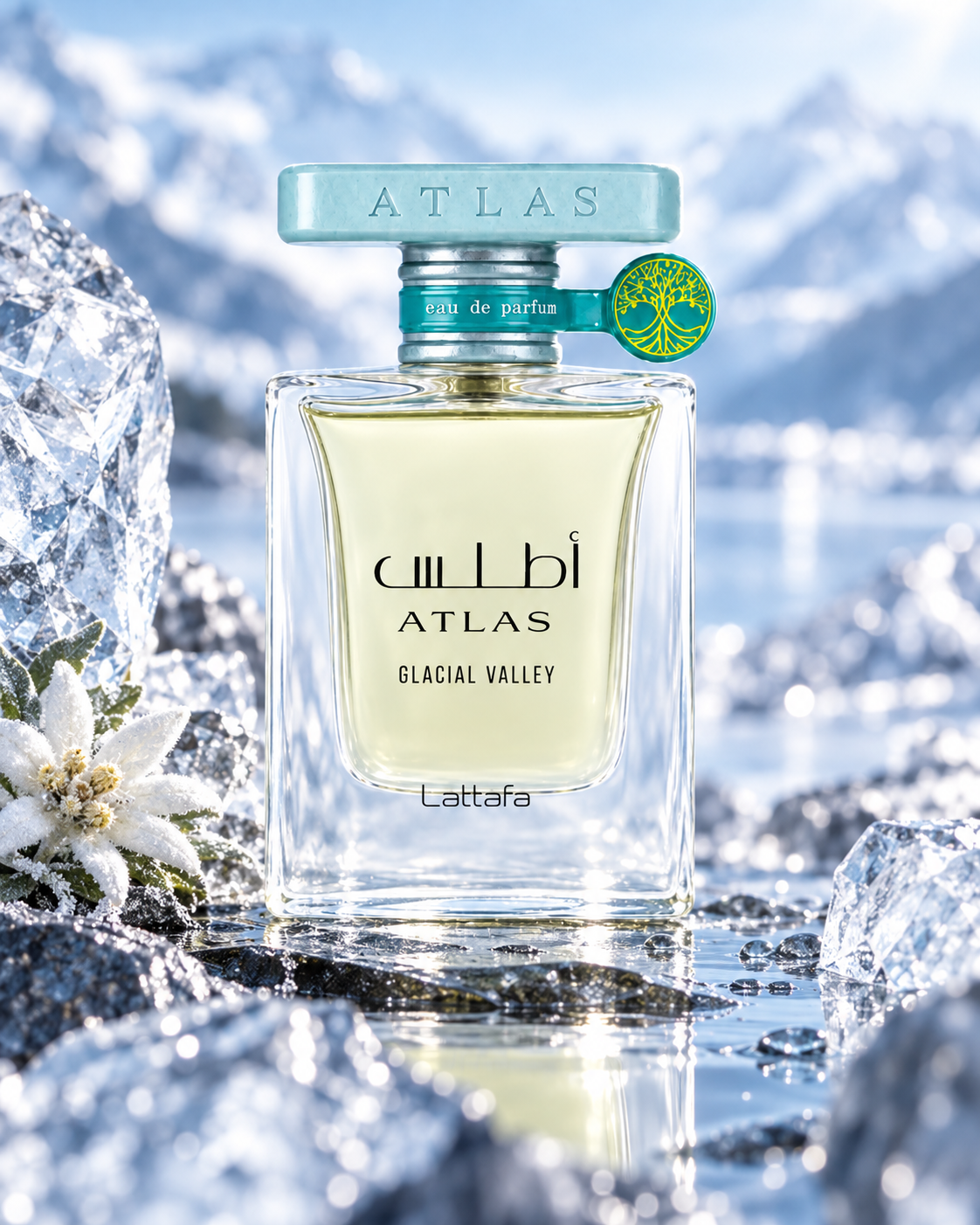 Dettaglio del flacone Lattafa Atlas Glacial Valley Eau de Parfum 55ml unisex