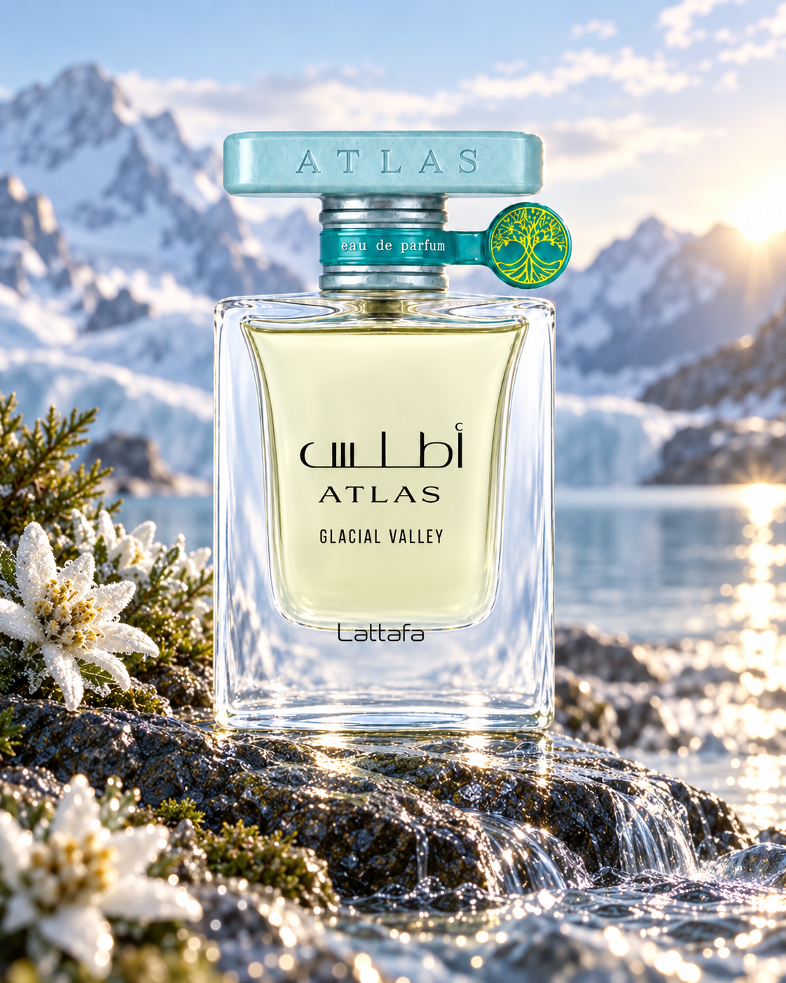 Dettaglio del flacone Lattafa Atlas Glacial Valley Eau de Parfum 55ml unisex