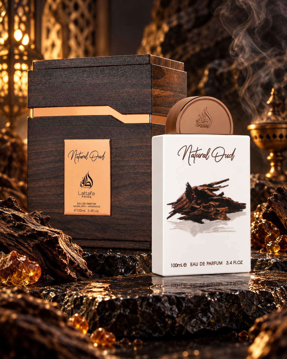Flacone e confezione del profumo Lattafa Pride Natural Oud Eau de Parfum 100ml