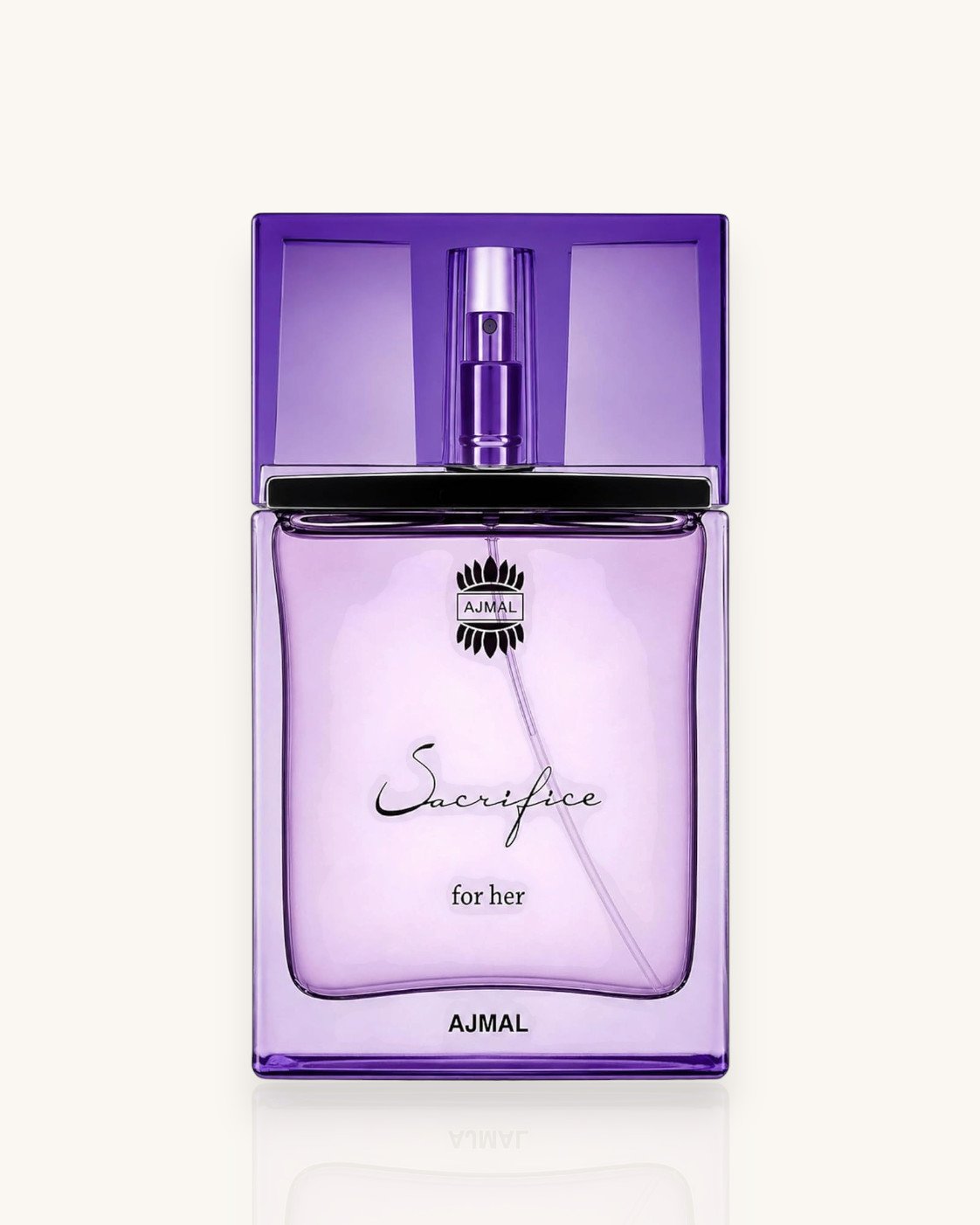 Ajmal Sacrifice for Her Eau de Parfum donna 50 ml, flacone rettangolare lilla con tappo viola trasparente, logo Ajmal e scritta Sacrifice, su sfondo bianco.