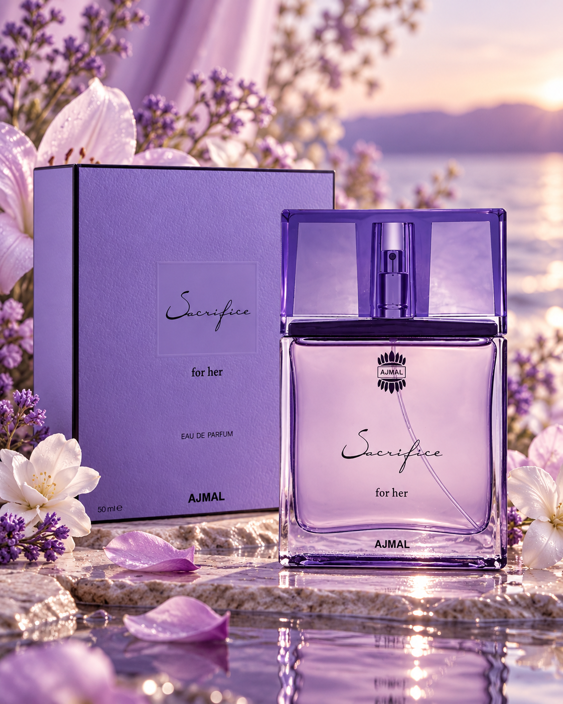 Ajmal Sacrifice for Her Eau de Parfum 50 ml, flacone lilla con packaging coordinato in un’ambientazione elegante e femminile con fiori e riflessi delicati.