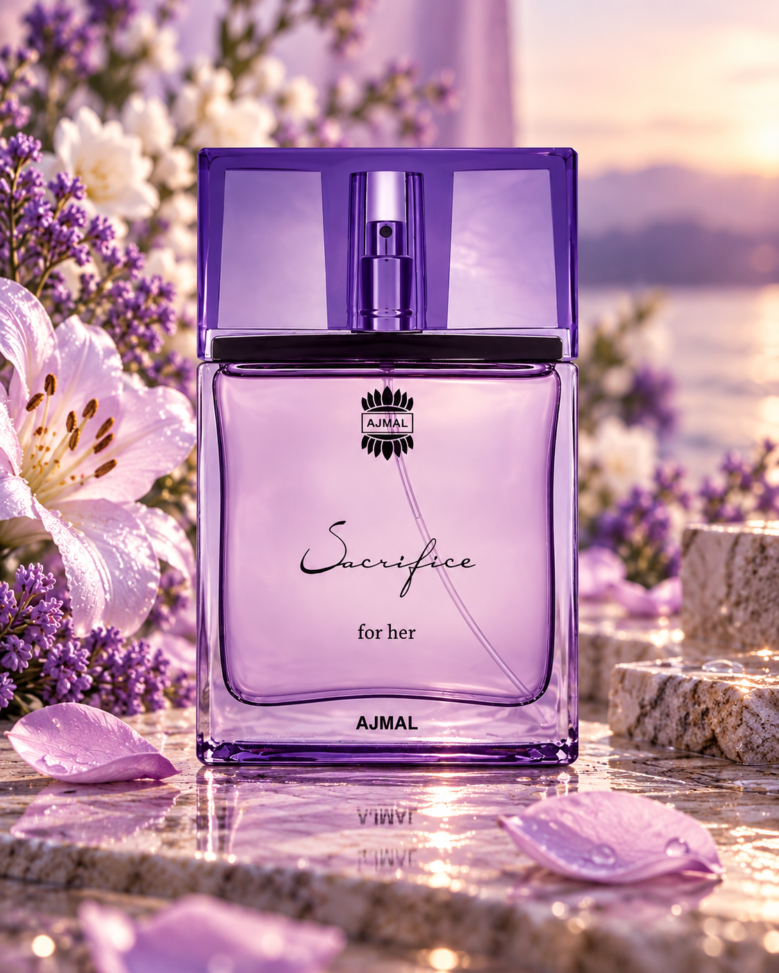 Ajmal Sacrifice for Her Eau de Parfum donna 50 ml, flacone lilla con tappo viola trasparente, fotografato su pietra chiara tra fiori bianchi e viola, con sfondo romantico.