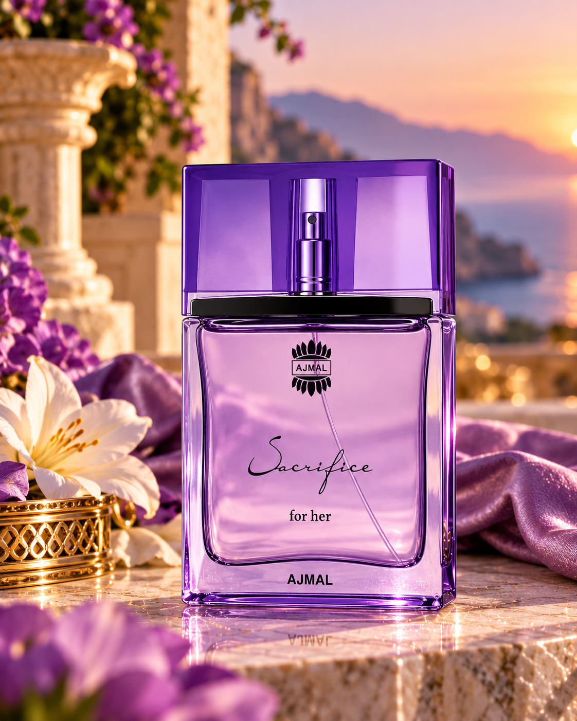 Ajmal Sacrifice for Her Eau de Parfum 50 ml, flacone lilla con tappo viola trasparente, fotografato su marmo chiaro tra fiori viola e bianchi.