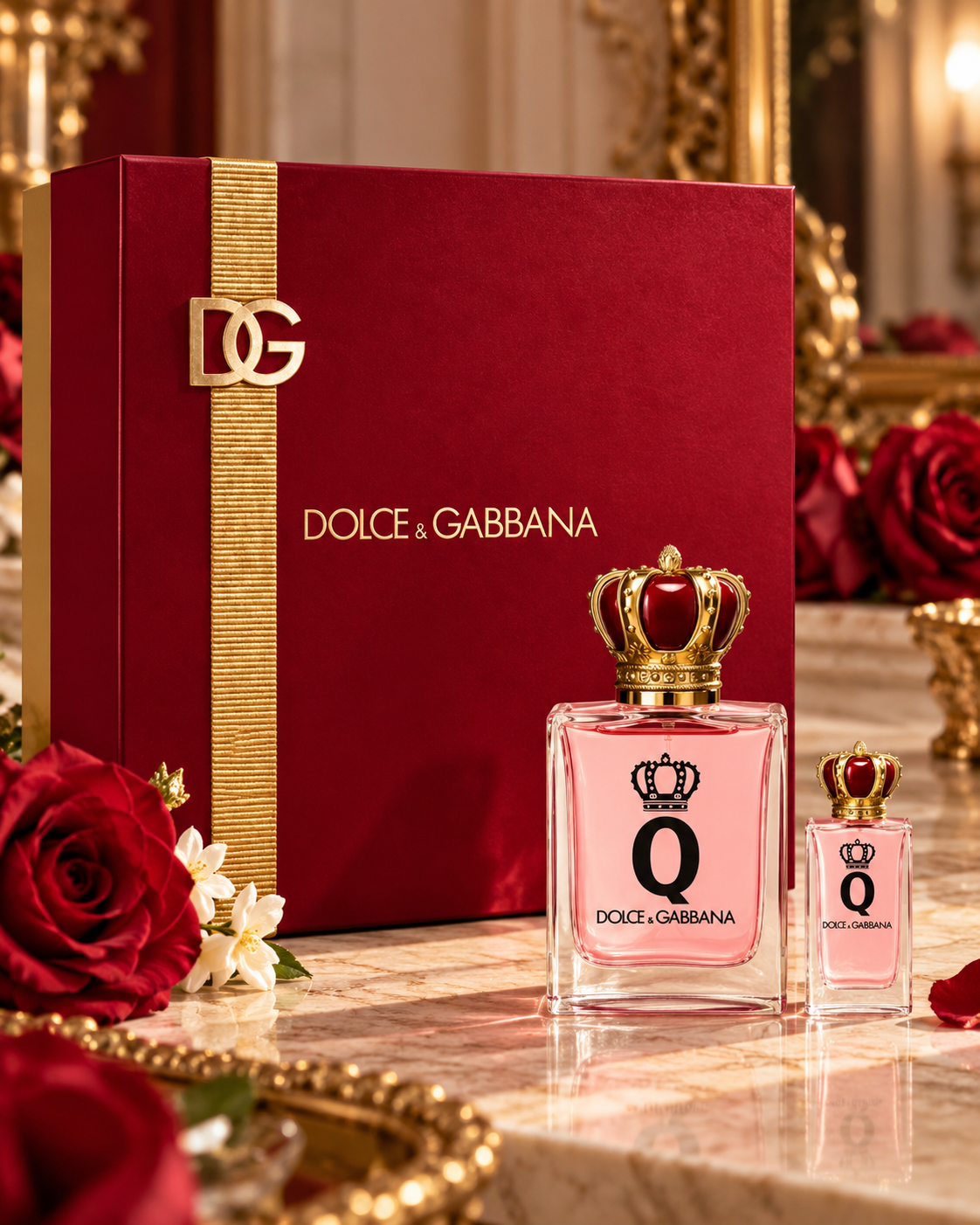Dolce & Gabbana Q Christmas Fragrance Set con confezione regalo bordeaux e oro, flacone rosa con tappo a corona e miniatura coordinata su sfondo bianco.