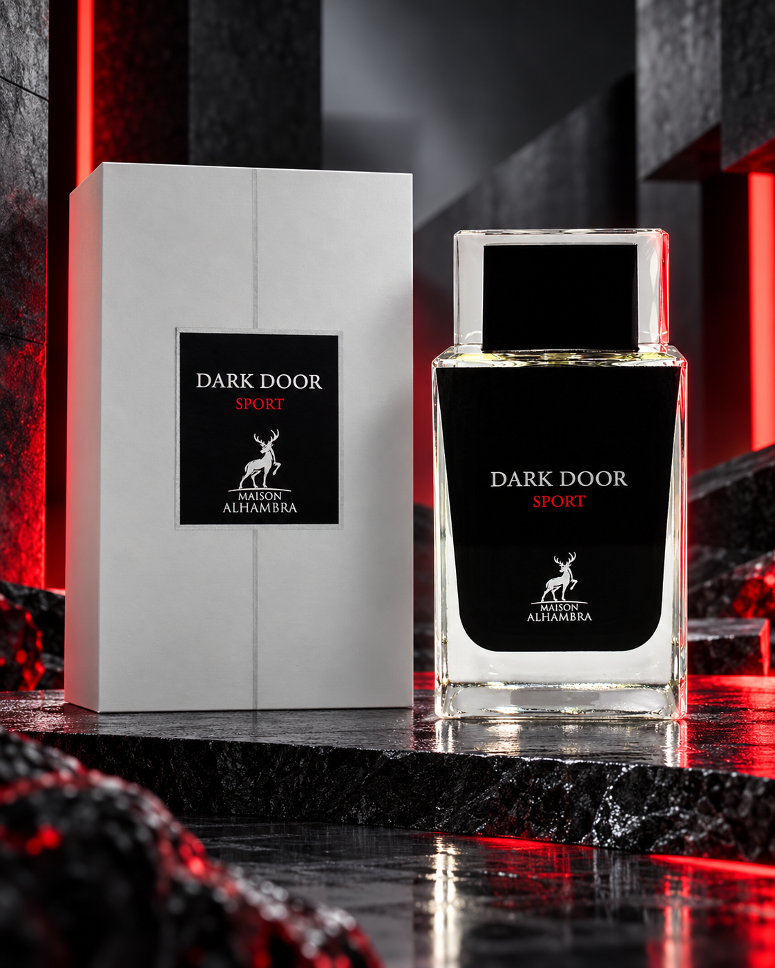 Flacone e confezione del profumo Maison Alhambra Dark Door Sport Eau de Parfum 100ml