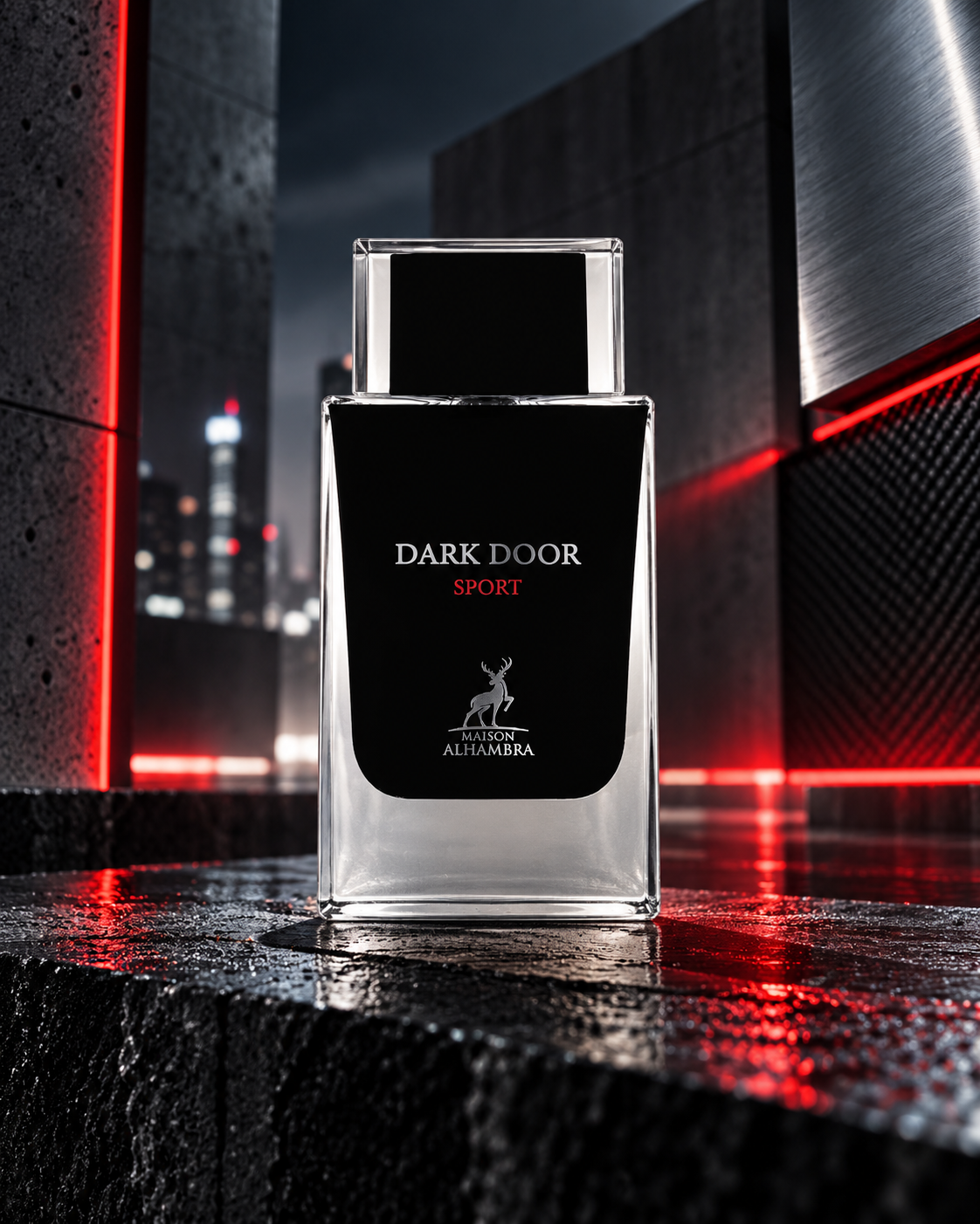 Flacone del profumo Maison Alhambra Dark Door Sport Eau de Parfum 100ml in un’ambientazione elegante