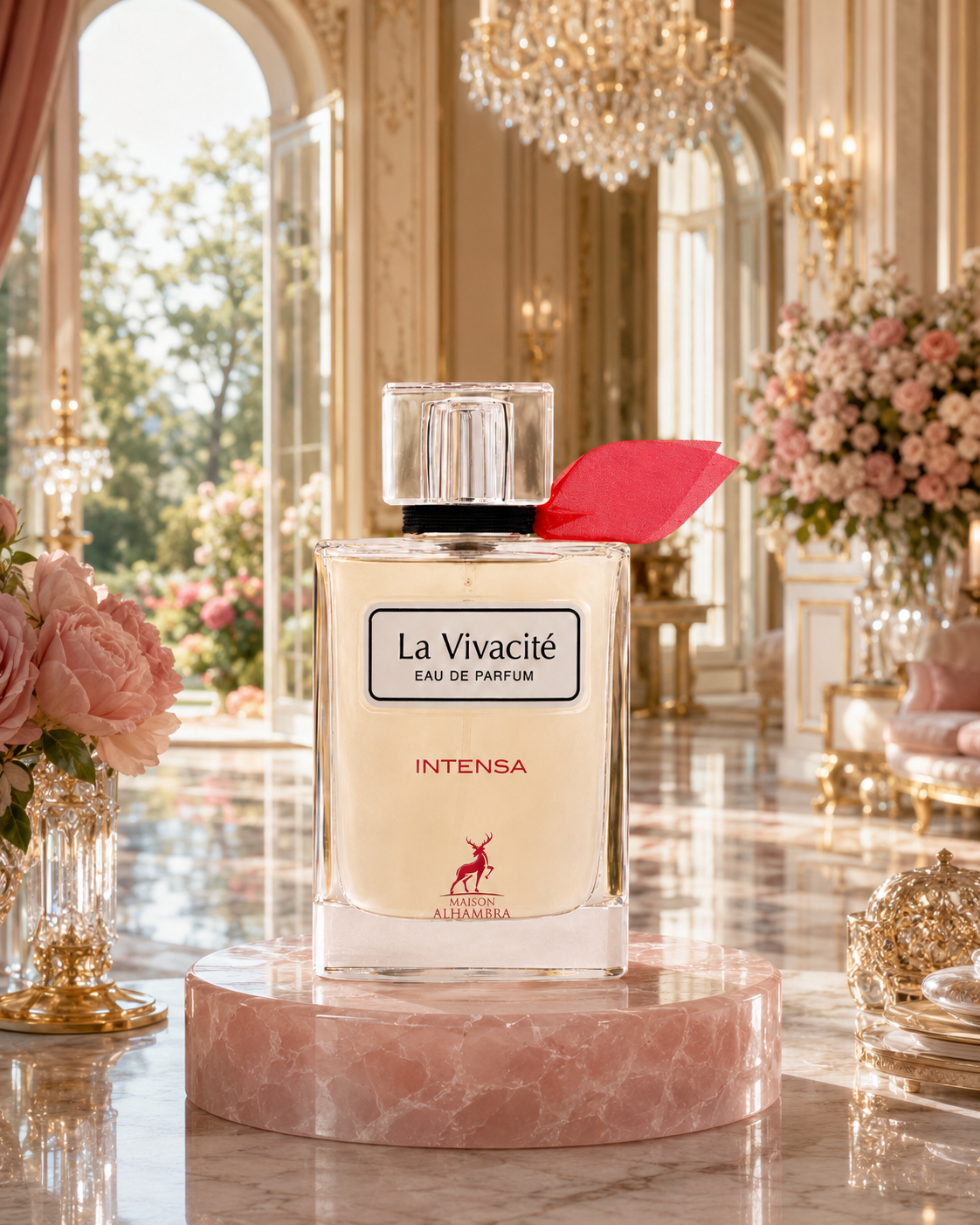 Flacone del profumo Maison Alhambra La Vita Bella Intensa Eau de Parfum 100ml in un’ambientazione elegante