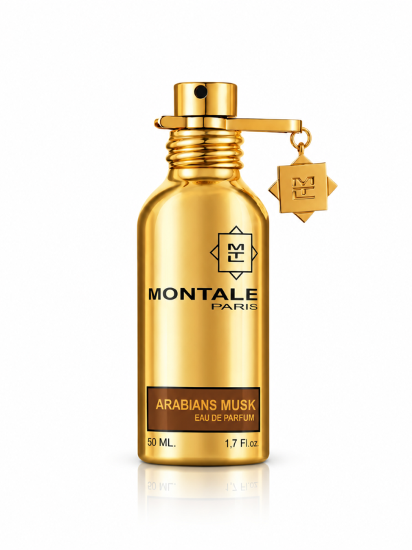 Montale Arabians Musk Eau de Parfum 50 ml, flacone dorato metallizzato con logo Montale Paris, etichetta marrone e pendente decorativo, fotografato frontalmente su sfondo bianco.